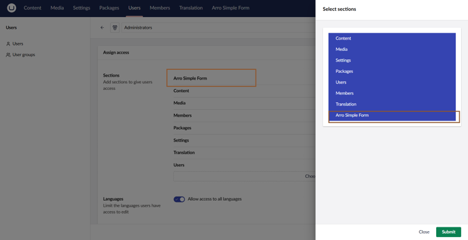 Allow Section umbraco backoffice