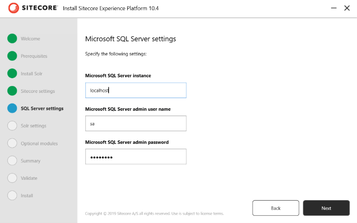 SQL Server details with instance name, username and password.